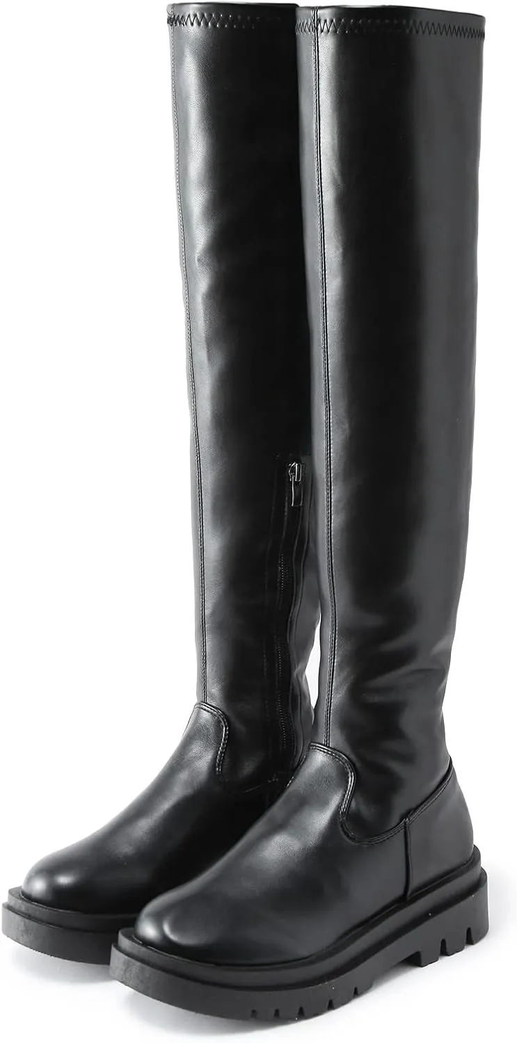 Yanzhenglip Over The Knee Boots for Women Wide Calf, Platform Thigh High Boots Knit Leather Splicing Long Boots Black Round Toe Chunky Heels Zipper Stretch Sexy Tall Boots Winter Warm Dress Boots