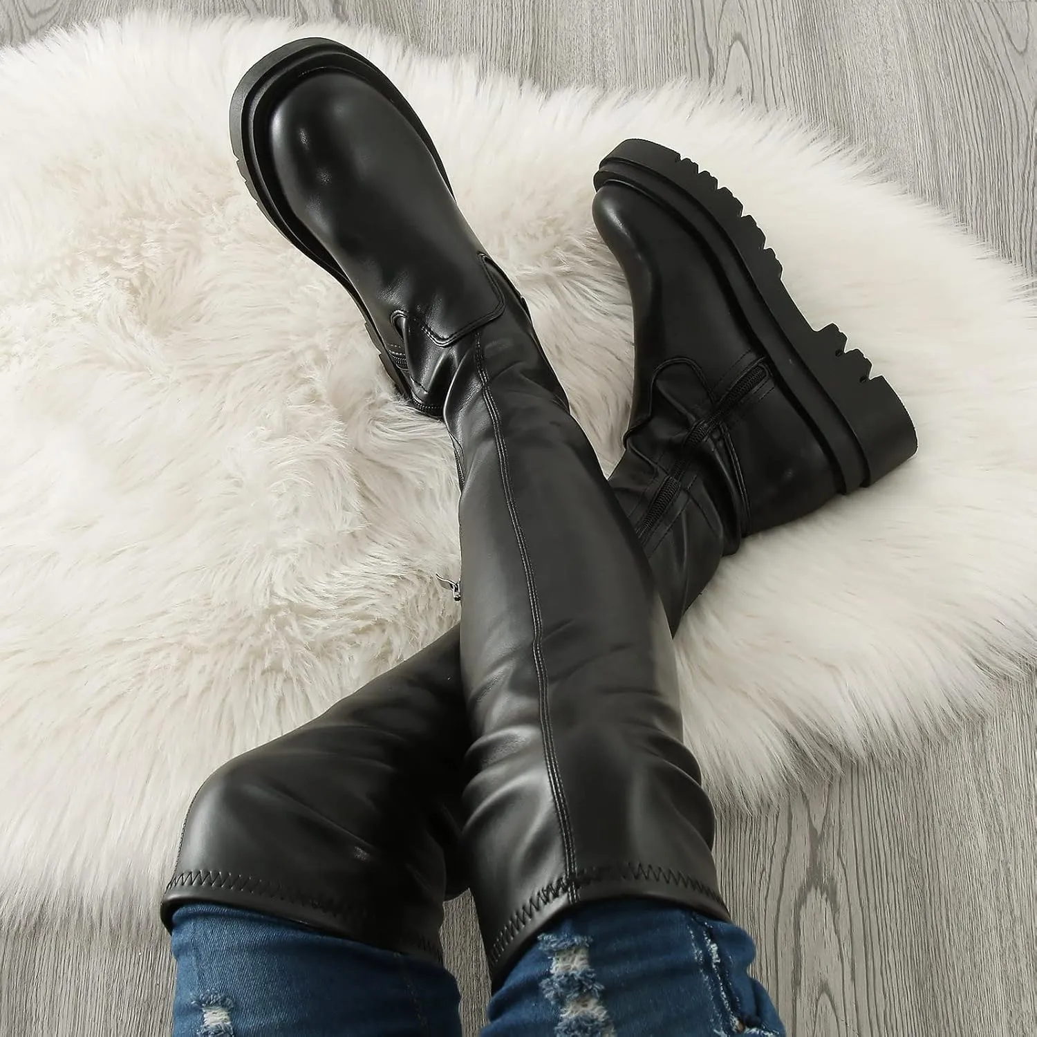 Yanzhenglip Over The Knee Boots for Women Wide Calf, Platform Thigh High Boots Knit Leather Splicing Long Boots Black Round Toe Chunky Heels Zipper Stretch Sexy Tall Boots Winter Warm Dress Boots