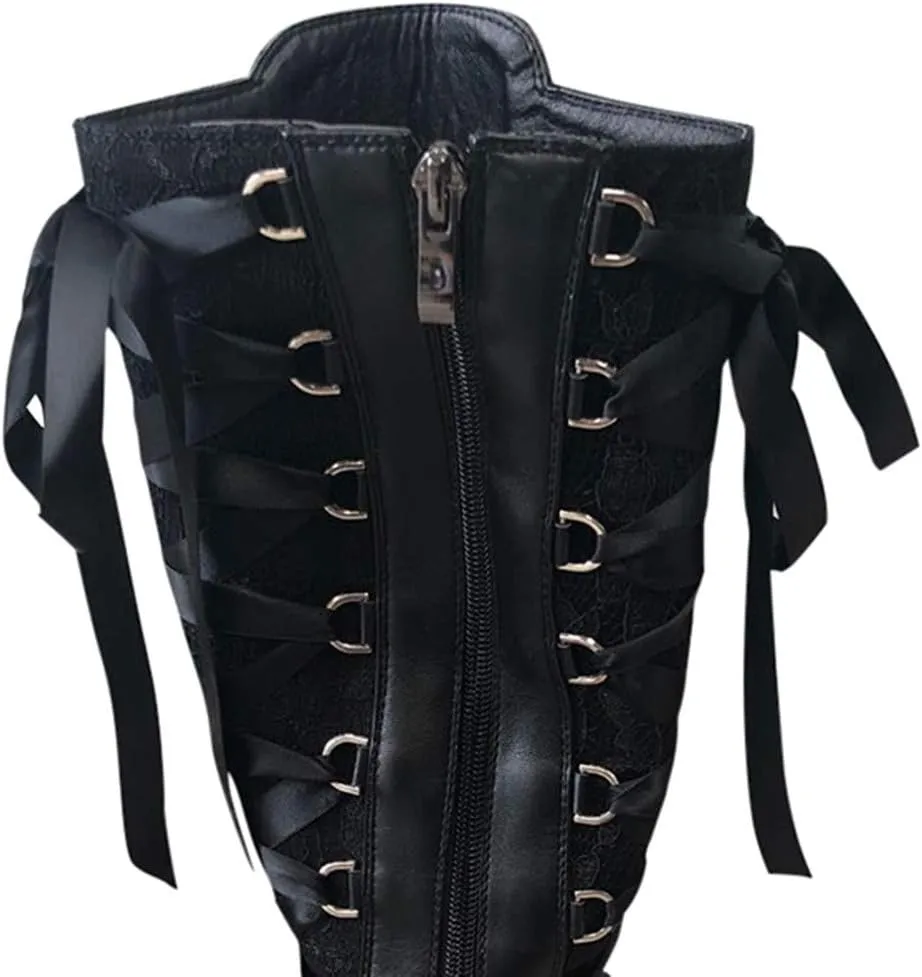 Yanzhenglip Over The Knee Boots for Women Wide Calf, Platform Thigh High Boots Knit Leather Splicing Long Boots Black Round Toe Chunky Heels Zipper Stretch Sexy Tall Boots Winter Warm Dress Boots