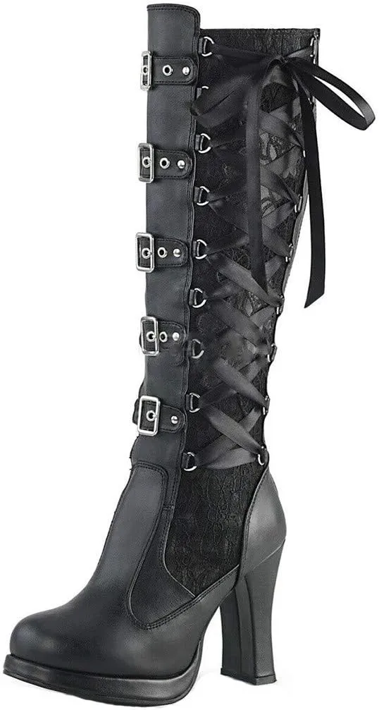 Yanzhenglip Over The Knee Boots for Women Wide Calf, Platform Thigh High Boots Knit Leather Splicing Long Boots Black Round Toe Chunky Heels Zipper Stretch Sexy Tall Boots Winter Warm Dress Boots