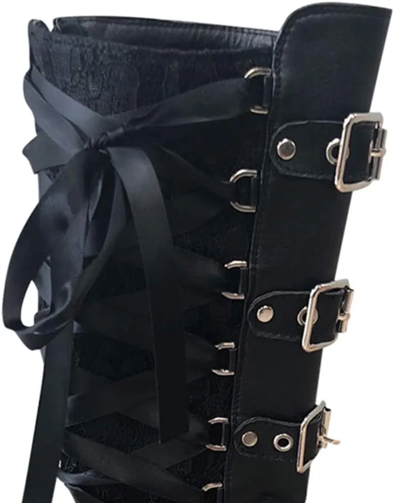 Yanzhenglip Over The Knee Boots for Women Wide Calf, Platform Thigh High Boots Knit Leather Splicing Long Boots Black Round Toe Chunky Heels Zipper Stretch Sexy Tall Boots Winter Warm Dress Boots