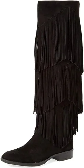 YDN Women Chic Fringes Knee High Riding Boots Round Toe Stacked Low Heels Suede Winter Shoes 4-15 US