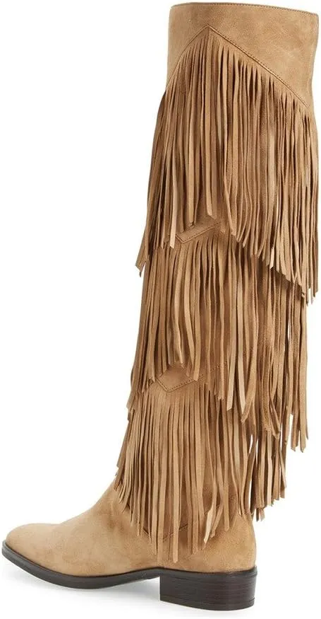 YDN Women Chic Fringes Knee High Riding Boots Round Toe Stacked Low Heels Suede Winter Shoes 4-15 US
