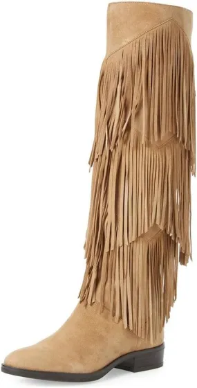 YDN Women Chic Fringes Knee High Riding Boots Round Toe Stacked Low Heels Suede Winter Shoes 4-15 US
