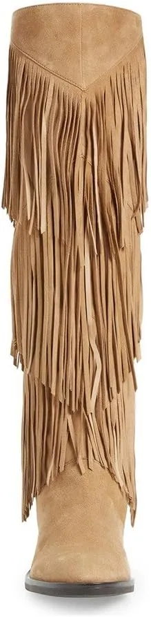 YDN Women Chic Fringes Knee High Riding Boots Round Toe Stacked Low Heels Suede Winter Shoes 4-15 US