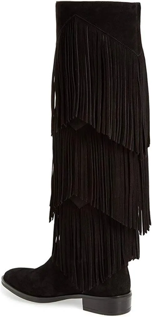 YDN Women Chic Fringes Knee High Riding Boots Round Toe Stacked Low Heels Suede Winter Shoes 4-15 US