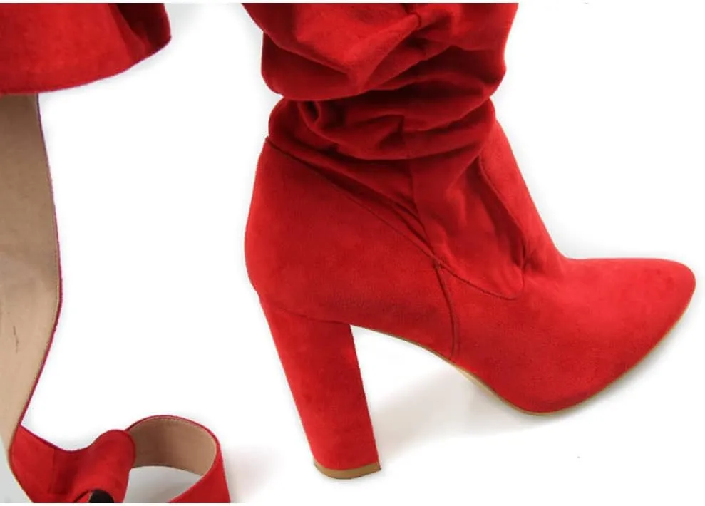 YIYA Slouch Over The Knee Boots for Women Suede Combat T-Tied Belt Thigh High Boots Sexy Pointed Toe High Heel Long Boots