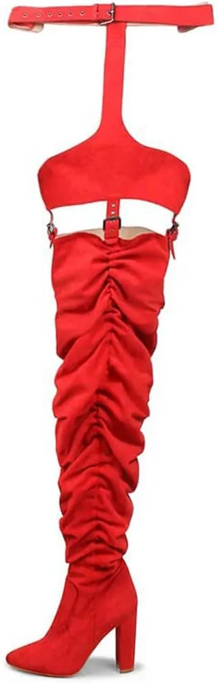 YIYA Slouch Over The Knee Boots for Women Suede Combat T-Tied Belt Thigh High Boots Sexy Pointed Toe High Heel Long Boots